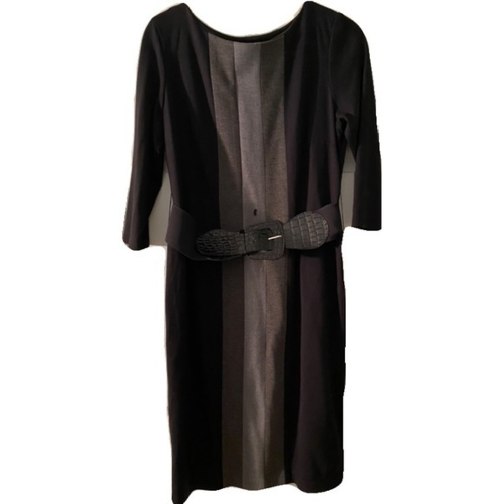 Black with Multi Gray Front Stripes Belted Dress